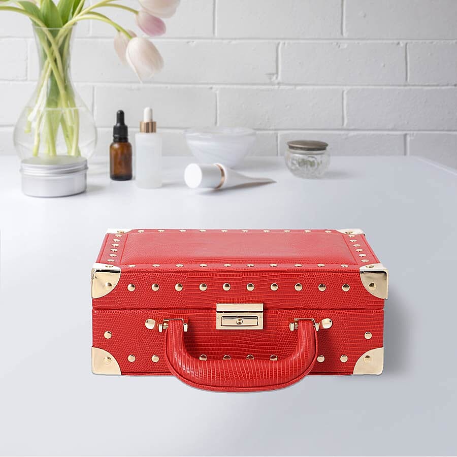 Grace Collection - Briefcase Design Lizard Skin Pattern Two Layer Anti-Tarnish Jewellery Storage Box with Inside Mirror, Removable Tray and Velvet Lining (Size 25x17.5x9.5cm) - Red