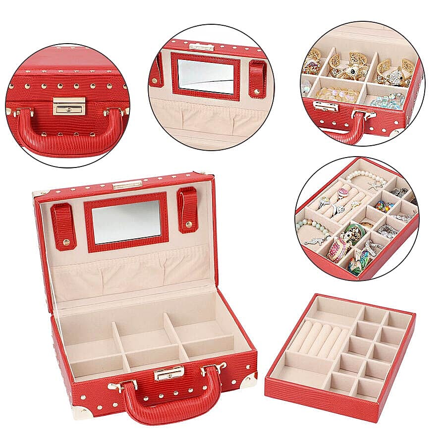 Grace Collection - Briefcase Design Lizard Skin Pattern Two Layer Anti-Tarnish Jewellery Storage Box with Inside Mirror, Removable Tray and Velvet Lining (Size 25x17.5x9.5cm) - Red