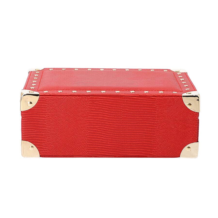 Grace Collection - Briefcase Design Lizard Skin Pattern Two Layer Anti-Tarnish Jewellery Storage Box with Inside Mirror, Removable Tray and Velvet Lining (Size 25x17.5x9.5cm) - Red
