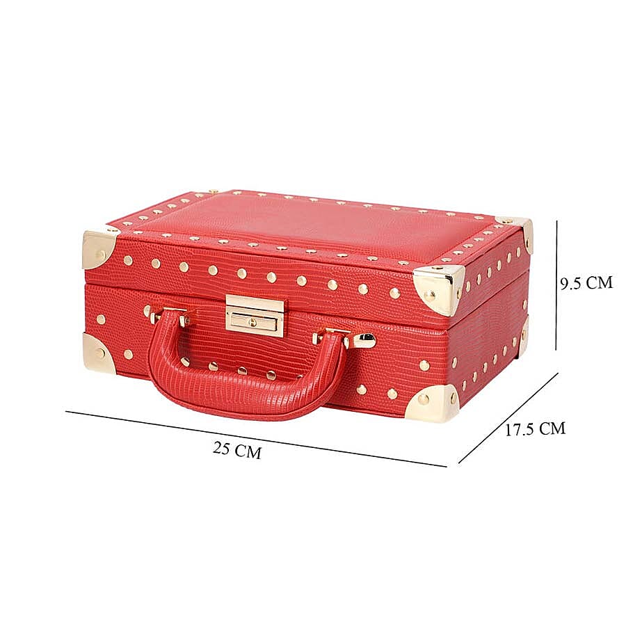 Grace Collection - Briefcase Design Lizard Skin Pattern Two Layer Anti-Tarnish Jewellery Storage Box with Inside Mirror, Removable Tray and Velvet Lining (Size 25x17.5x9.5cm) - Red