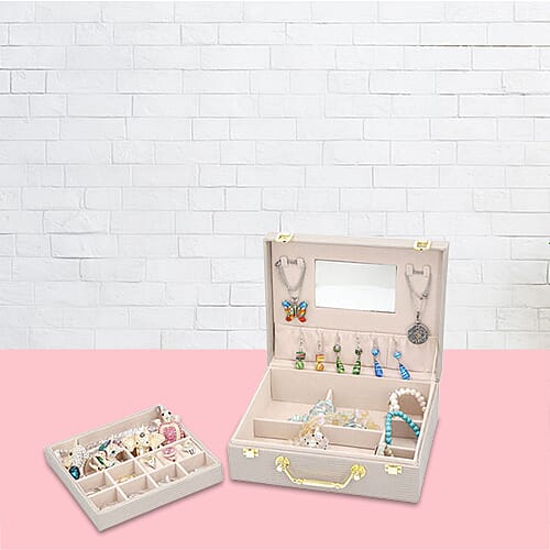 Grace Collection - Two Layer Lizard Skin Pattern Anti-Tarnish Jewellery Box with Inside Mirror and Removable Tray (Size 24x18.5x8.5cm) - Ivory