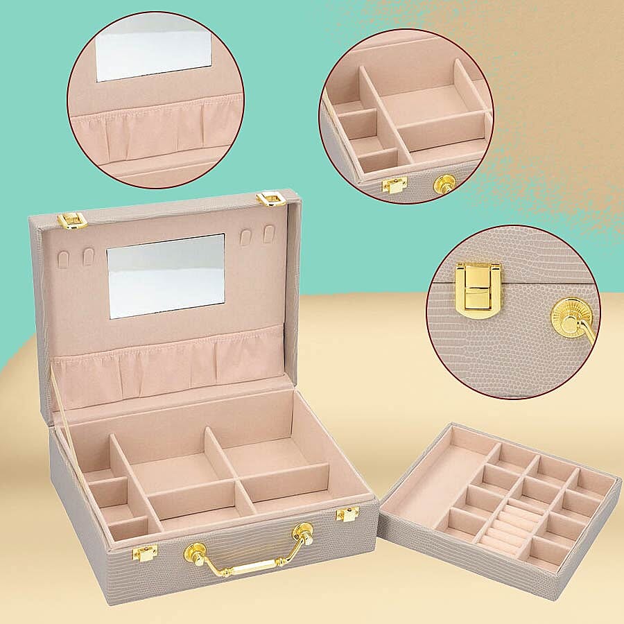Grace Collection - Two Layer Lizard Skin Pattern Anti-Tarnish Jewellery Box with Inside Mirror and Removable Tray (Size 24x18.5x8.5cm) - Ivory