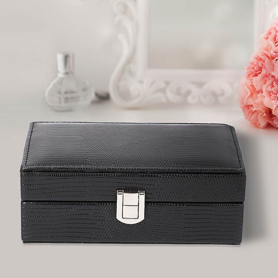 Grace Collection - Lizard Skin Pattern Rectangular Shaped  Anti-Tarnish Jewellery Box with Inside Mirror, Ring Rows & 2 Sections (Size 16x10x6cm) - Black