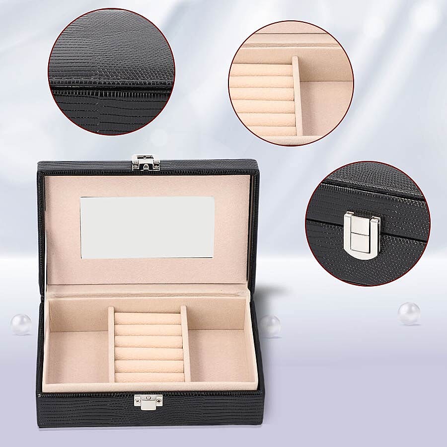 Grace Collection - Lizard Skin Pattern Rectangular Shaped  Anti-Tarnish Jewellery Box with Inside Mirror, Ring Rows & 2 Sections (Size 16x10x6cm) - Black