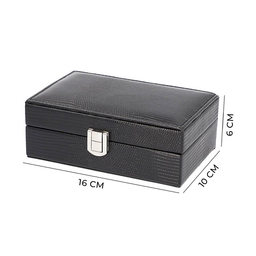 Grace Collection - Lizard Skin Pattern Rectangular Shaped  Anti-Tarnish Jewellery Box with Inside Mirror, Ring Rows & 2 Sections (Size 16x10x6cm) - Black