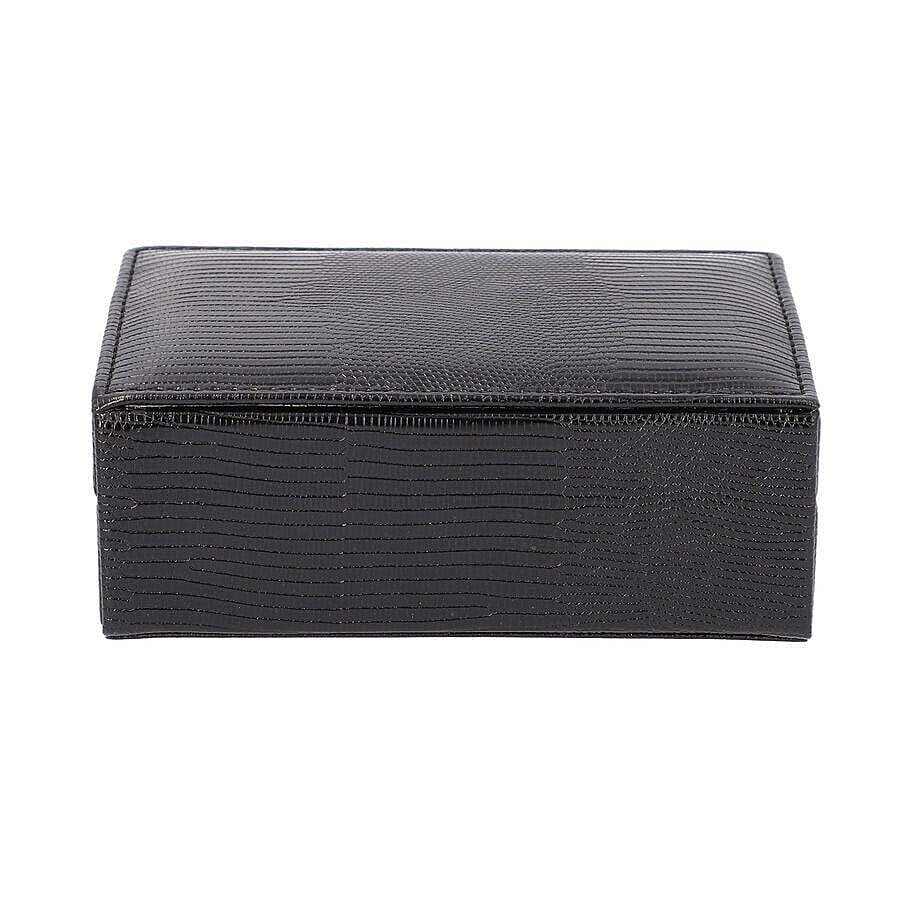 Grace Collection - Lizard Skin Pattern Rectangular Shaped  Anti-Tarnish Jewellery Box with Inside Mirror, Ring Rows & 2 Sections (Size 16x10x6cm) - Black