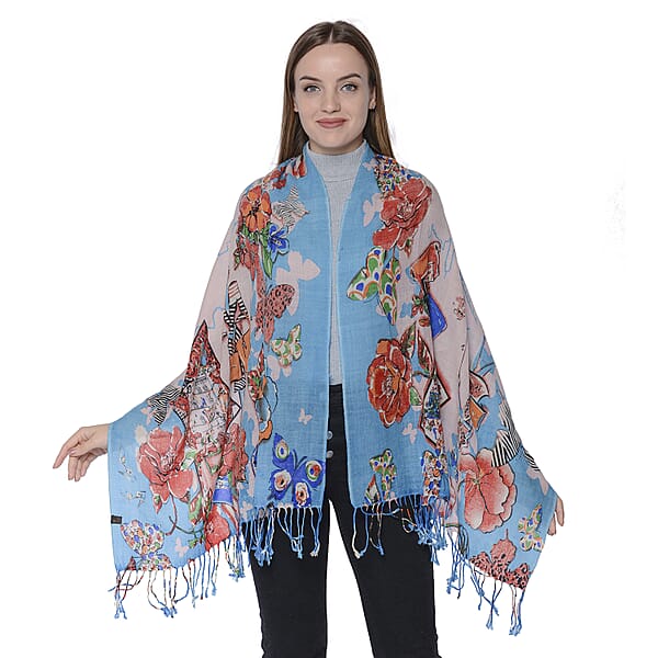 Women's Merino Wool Flower Print Scarf - Blue - 6016832 - TJC