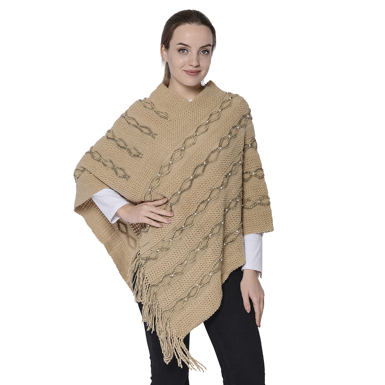Knit Poncho with Beads (54x70cm) - Beige