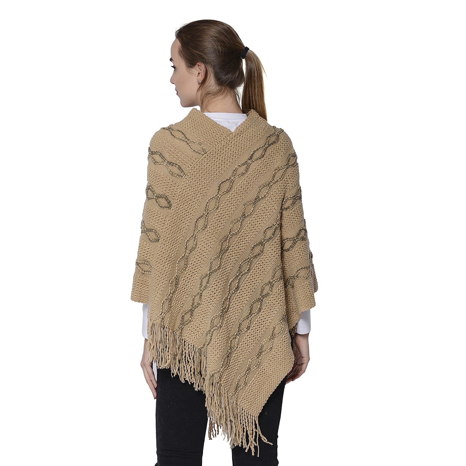 Knit Poncho with Beads (54x70cm) - Beige