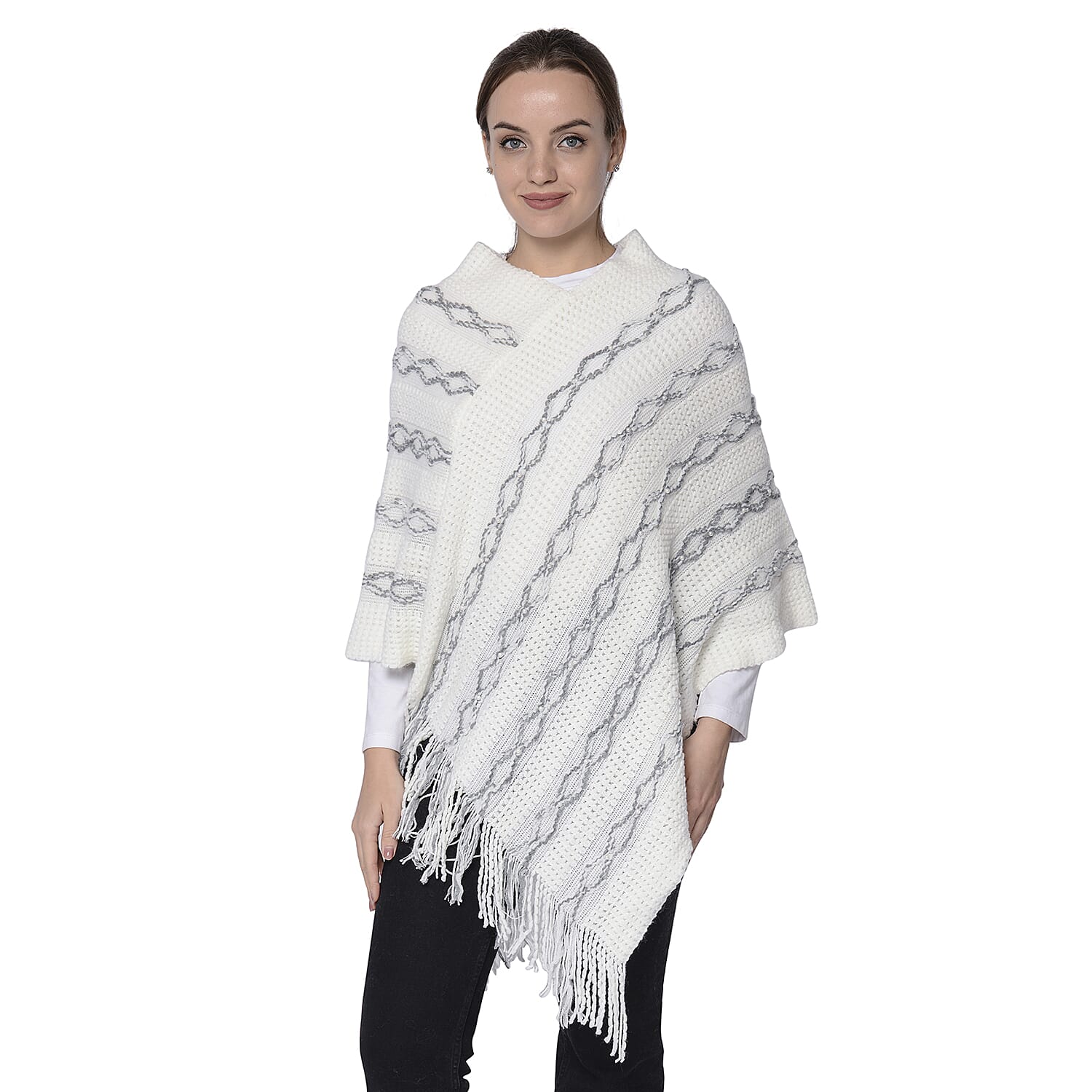 Knit Poncho with Beads (54x70cm) - White and Grey