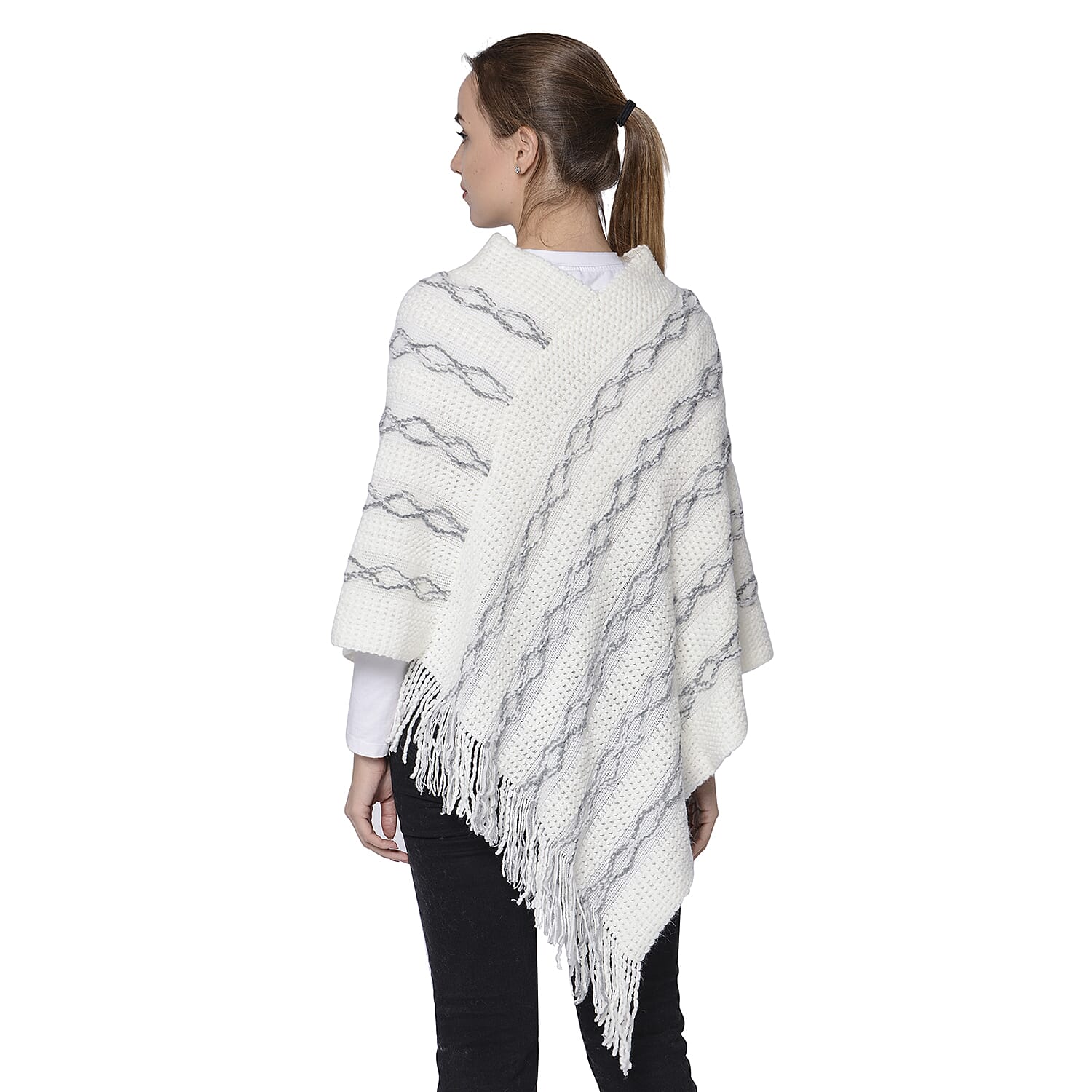 Knit Poncho with Beads (54x70cm) - White and Grey