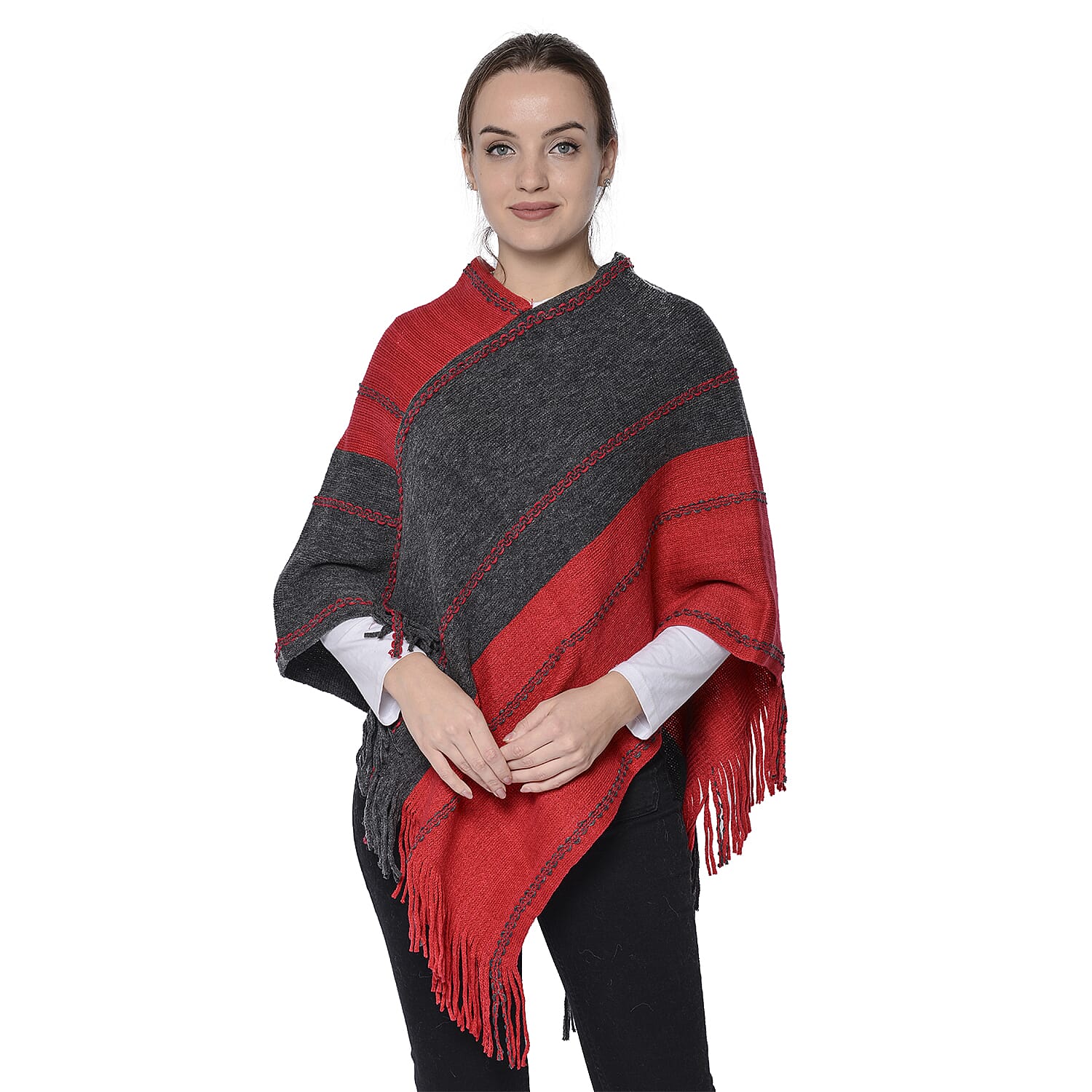 Stripe Pattern Poncho in Red and Dark Grey (54x70cm)