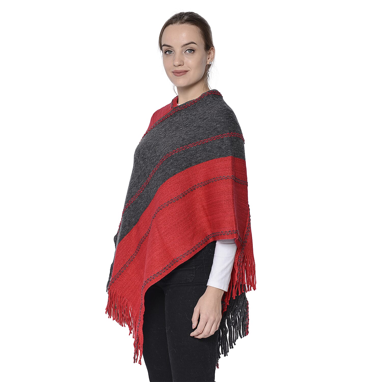 Stripe Pattern Poncho in Red and Dark Grey (54x70cm)