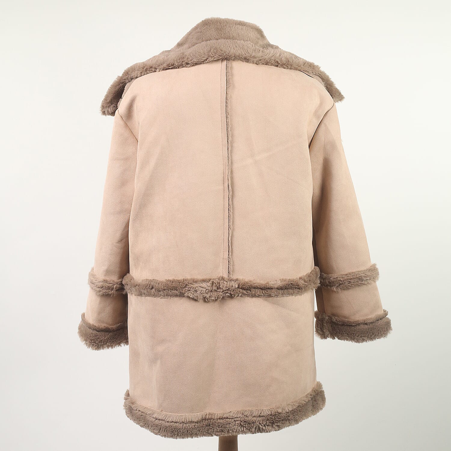Urban Mist Faux Fur Suede Shearling Soft Fleece Lined Collar Coat with Pockets - Beige