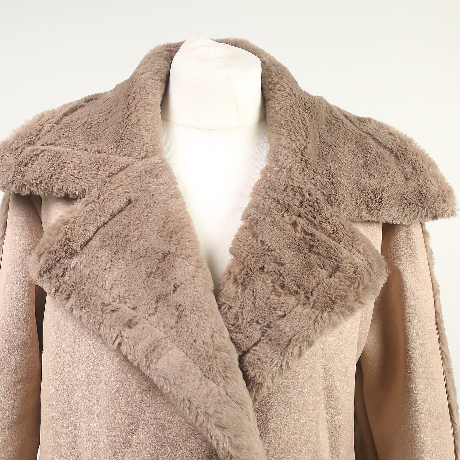 Urban Mist Faux Fur Suede Shearling Soft Fleece Lined Collar Coat with Pockets - Beige