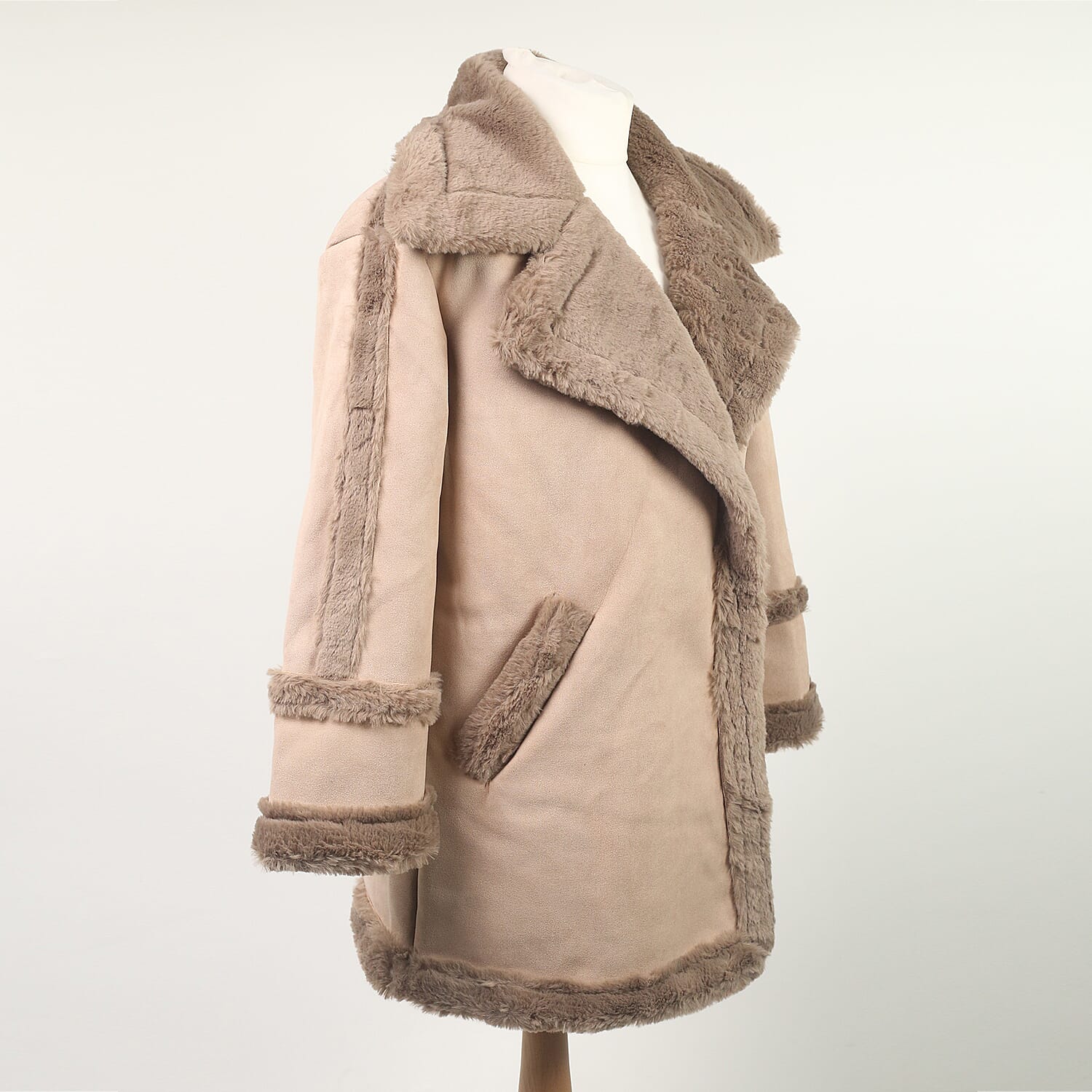 Urban Mist Faux Fur Suede Shearling Soft Fleece Lined Collar Coat with Pockets - Beige