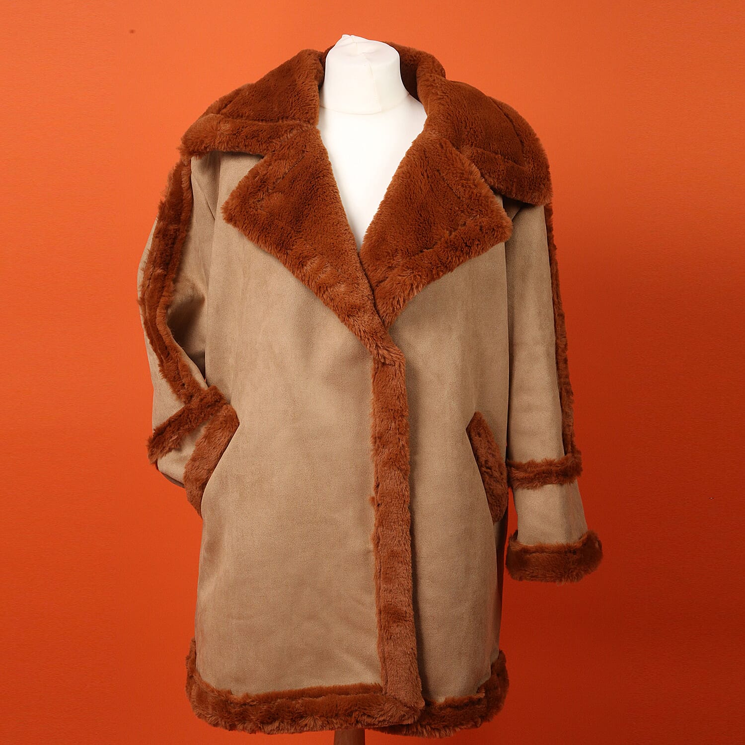 Urban Mist Faux Fur Suede Shearling Soft Fleece Lined Collar Coat with Pockets - Beige