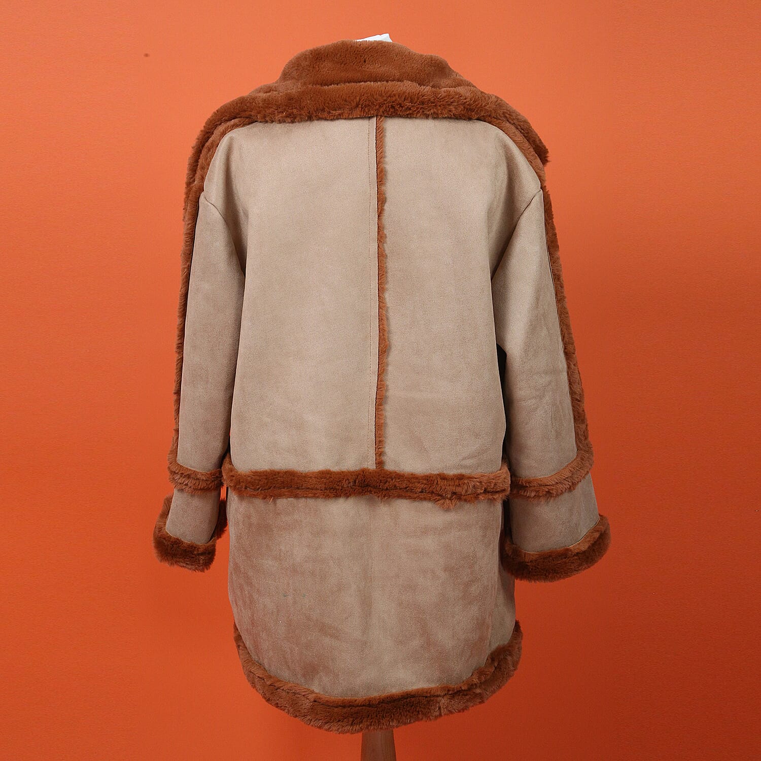 Urban Mist Faux Fur Suede Shearling Soft Fleece Lined Collar Coat with Pockets - Beige