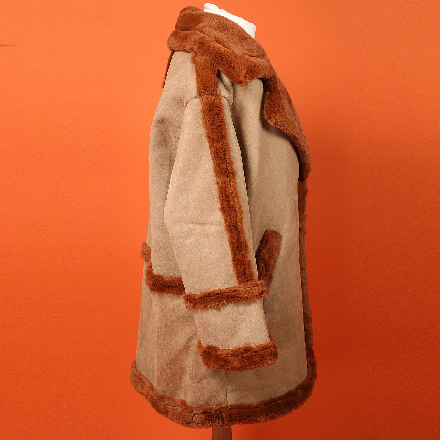 Urban Mist Faux Fur Suede Shearling Soft Fleece Lined Collar Coat with Pockets - Beige