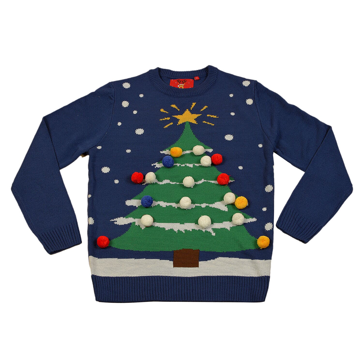 Crew Neck Knitted Man Jumper W/Xmas Tree Graphic (Size M) - Navy and Green