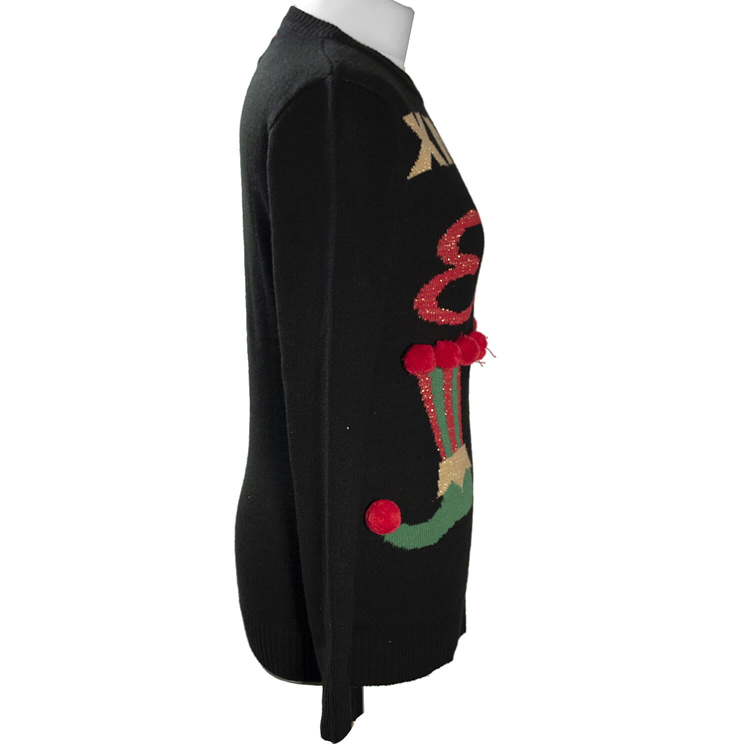 Knitted Sequin Xmas Elf Ladies Jumper (Size S/ 8-10) - Black