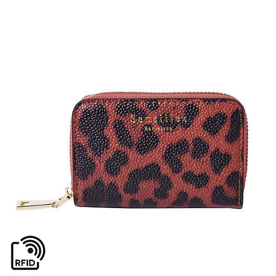 Sencillez 100% Genuine Leather RFID Protected Leopard Pattern 11 Slots Card Holder Wallet (Size 12x2x8 Cm) - Brown