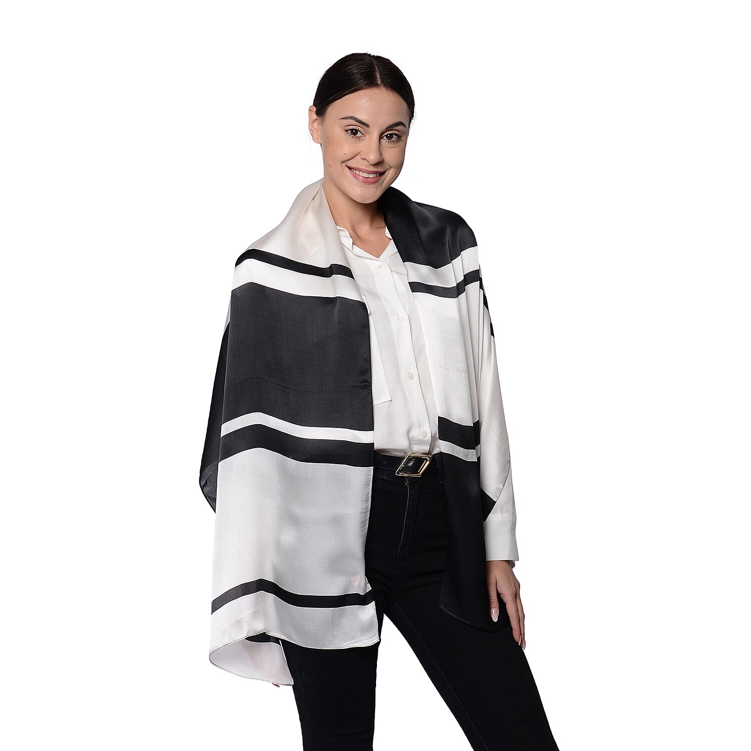 LA MAREY 100% Gloss Mulberry Silk Scarf in Monochrome (175x52cm)