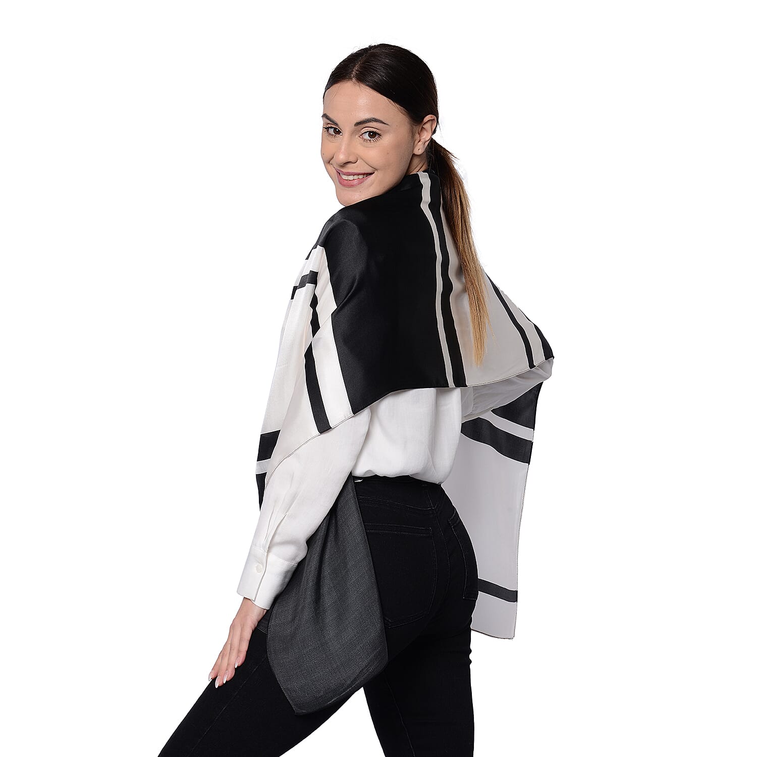 LA MAREY 100% Gloss Mulberry Silk Scarf in Monochrome (175x52cm)