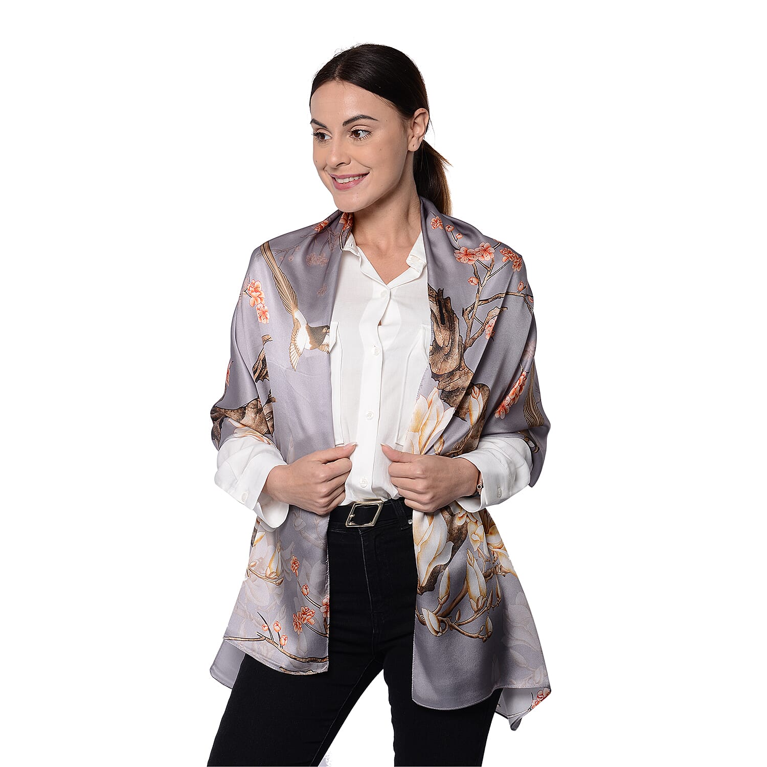 LA MAREY 100% Gloss Mulberry Silk Scarf in Blossom Print (175x52cm)