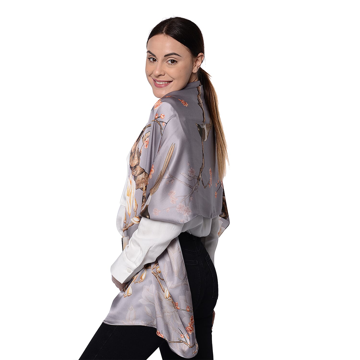 LA MAREY 100% Gloss Mulberry Silk Scarf in Blossom Print (175x52cm)