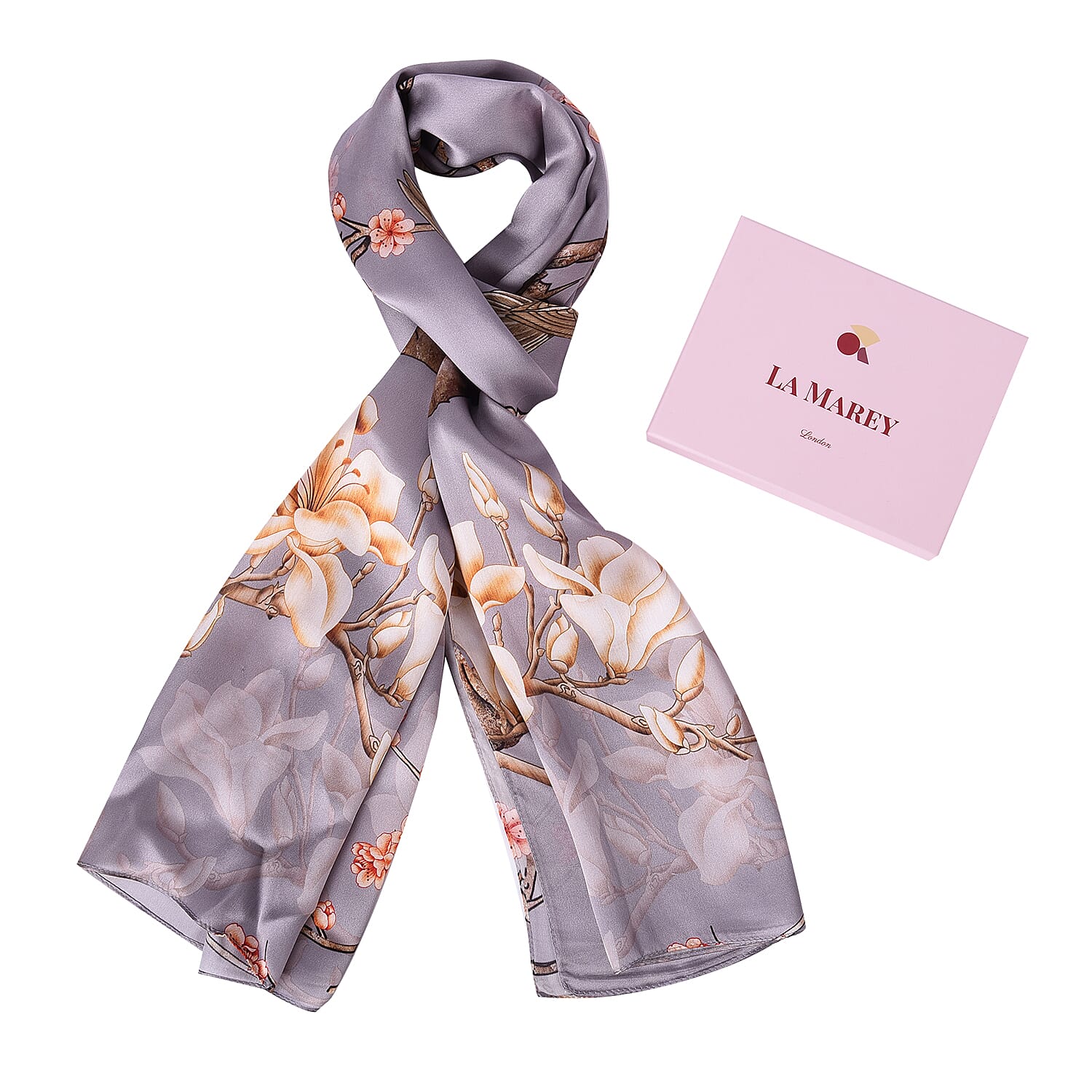 LA MAREY 100% Gloss Mulberry Silk Scarf in Blossom Print (175x52cm)