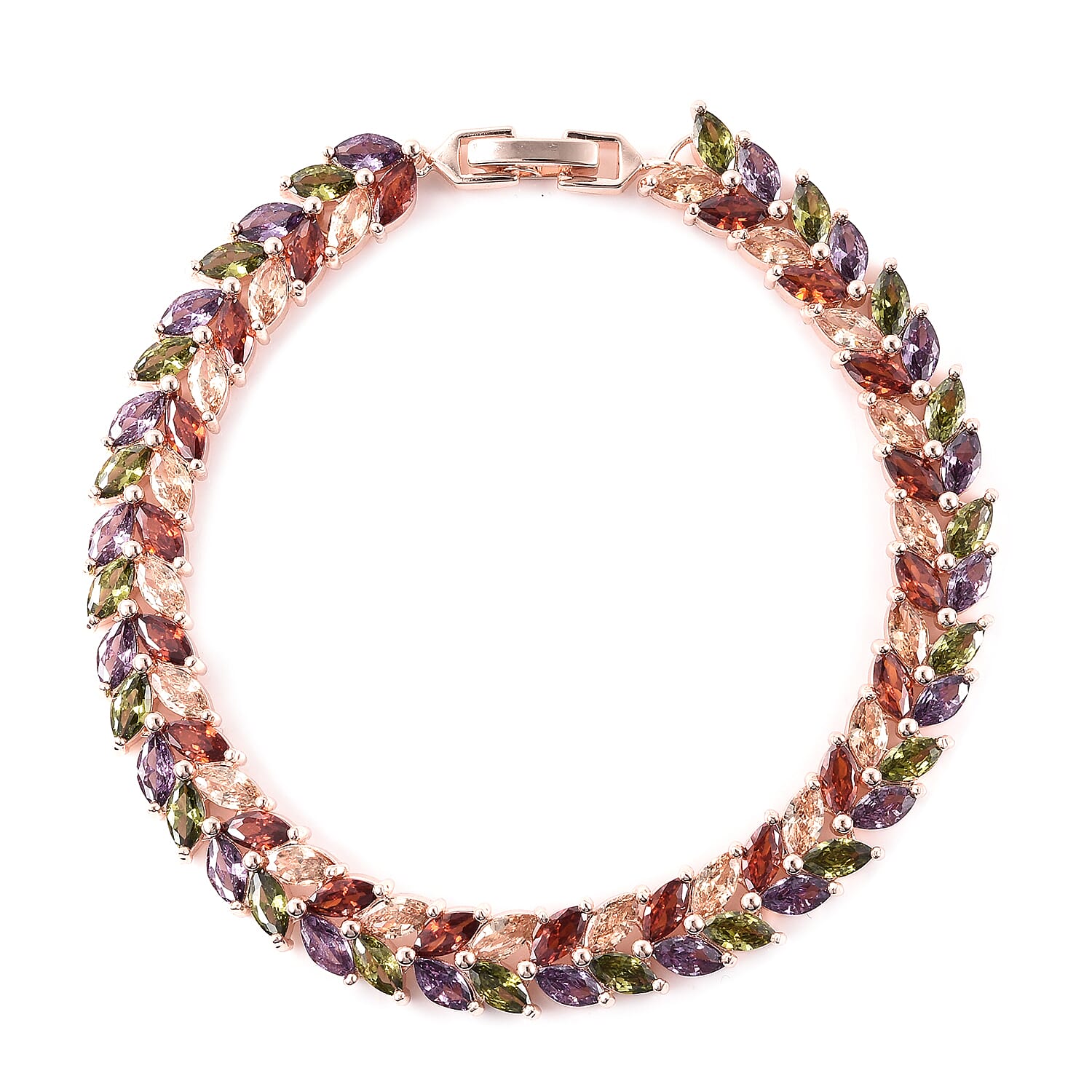 Simulated Multi Colour Gemstone Leaf Design Bracelet (Size - 7.75)  in Rose Gold Tone