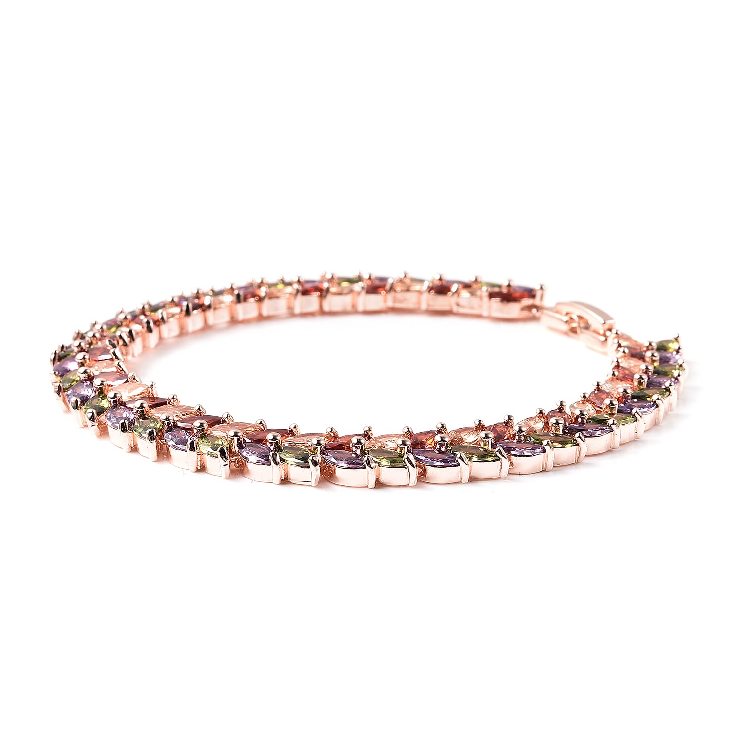 Simulated Multi Colour Gemstone Leaf Design Bracelet (Size - 7.75)  in Rose Gold Tone