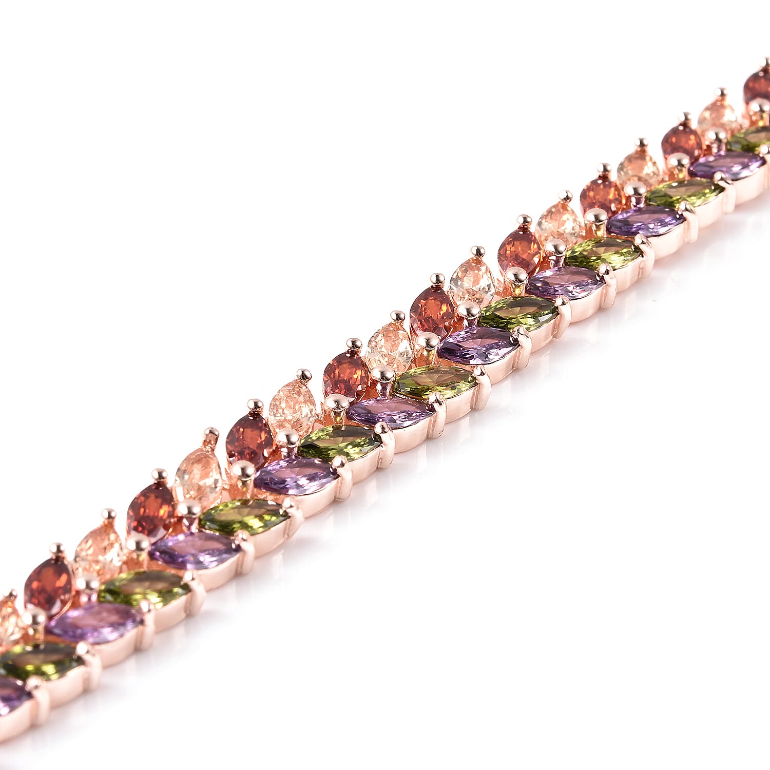 Simulated Multi Colour Gemstone Leaf Design Bracelet (Size - 7.75)  in Rose Gold Tone