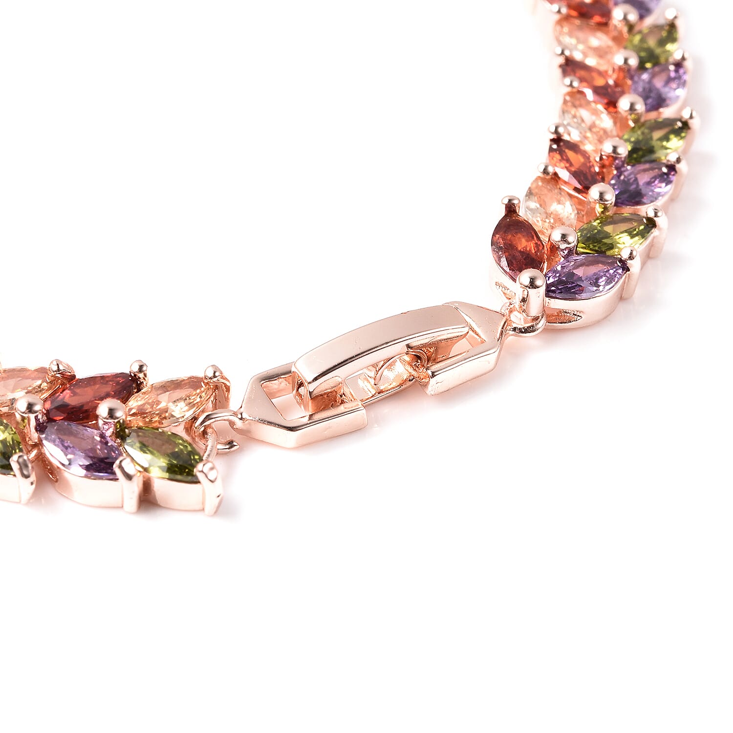 Simulated Multi Colour Gemstone Leaf Design Bracelet (Size - 7.75)  in Rose Gold Tone