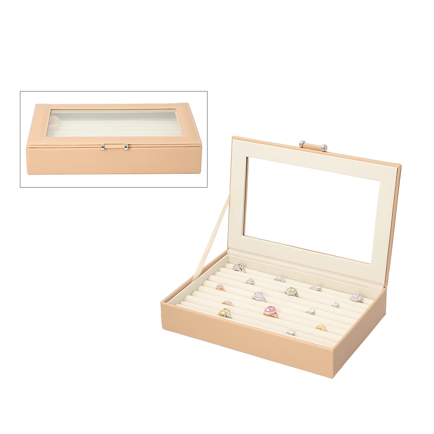 Beige Ring Box with Anti-Tarnish Lining and Transparent Window (26.7x17.8x5.5cm)