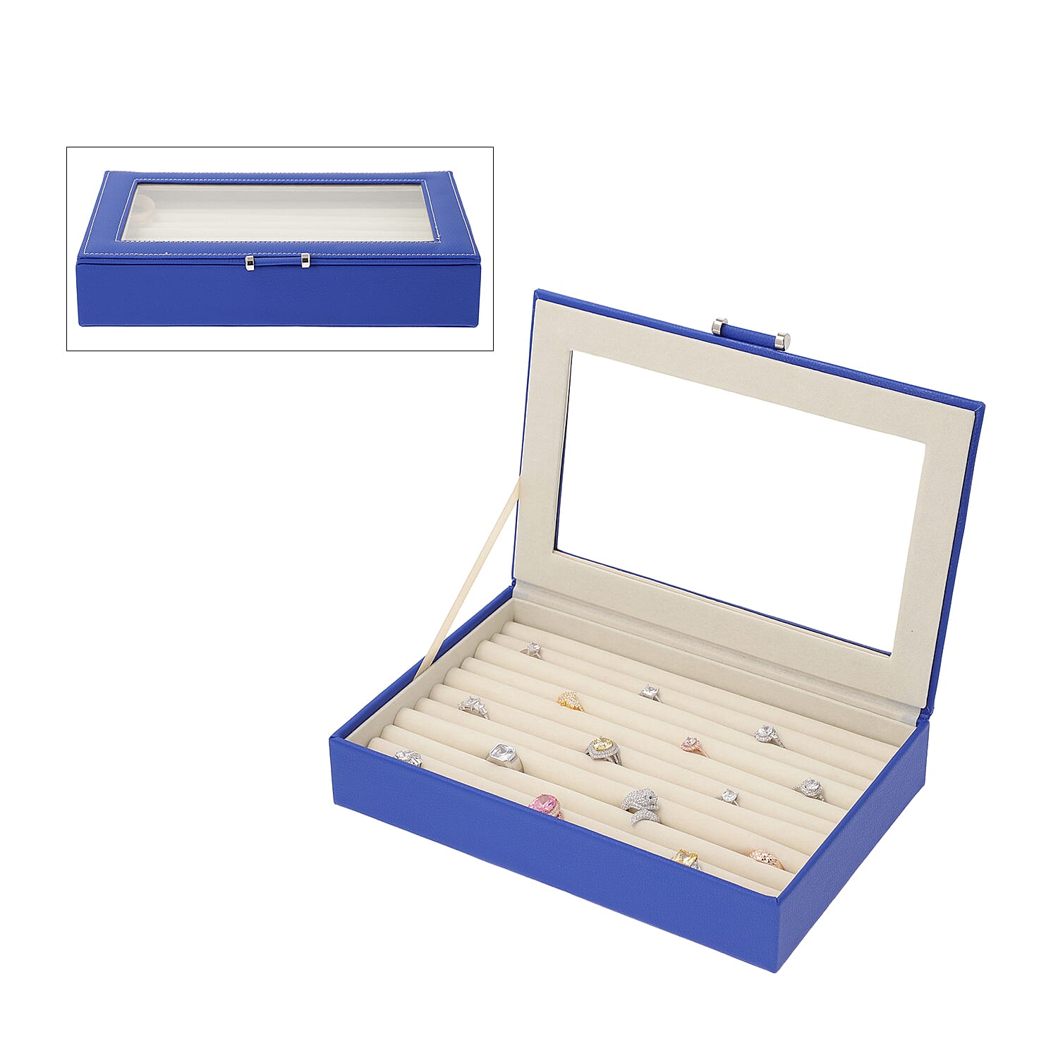 Royal Blue Ring Box with Anti-Tarnish Lining and Transparent Window (26.7x17.8x5.5cm)