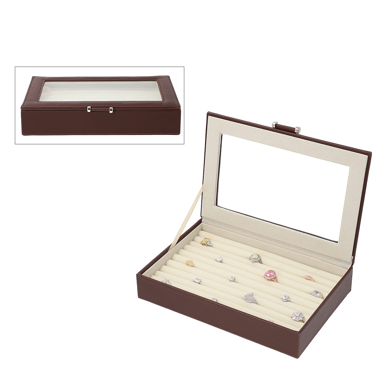 Dark Brown Ring Box with Anti-Tarnish Lining and Transparent Window (26.7x17.8x5.5cm)