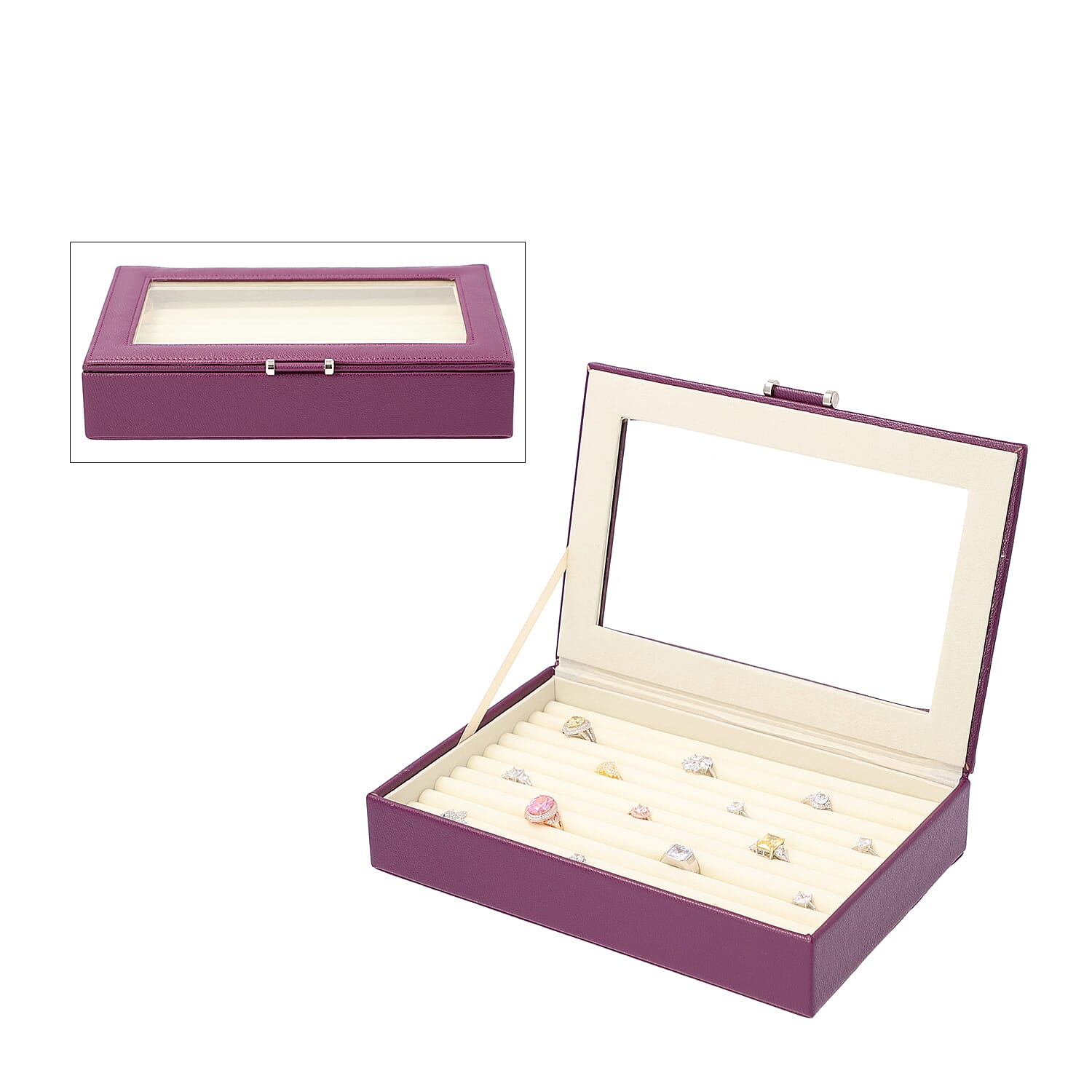 Dark Purple Ring Box with Anti-Tarnish Lining and Transparent Window (26.7x17.8x5.5cm)