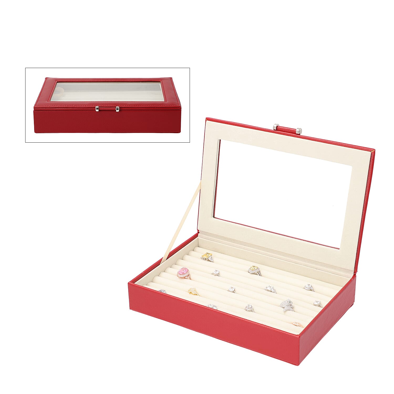 Wine Red Ring Box with Anti-Tarnish Lining and Transparent Window (26.7x17.8x5.5cm)