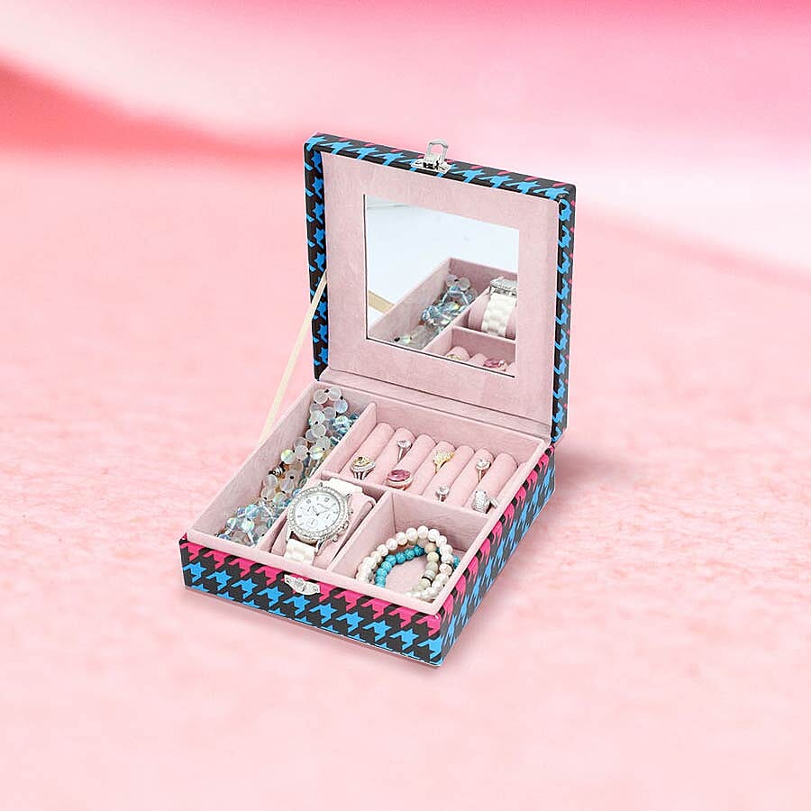 Multi Colour Houndstooth Pattern Jewellery Box with Mirror and Multiple Compartments (19x19x6.3cm)