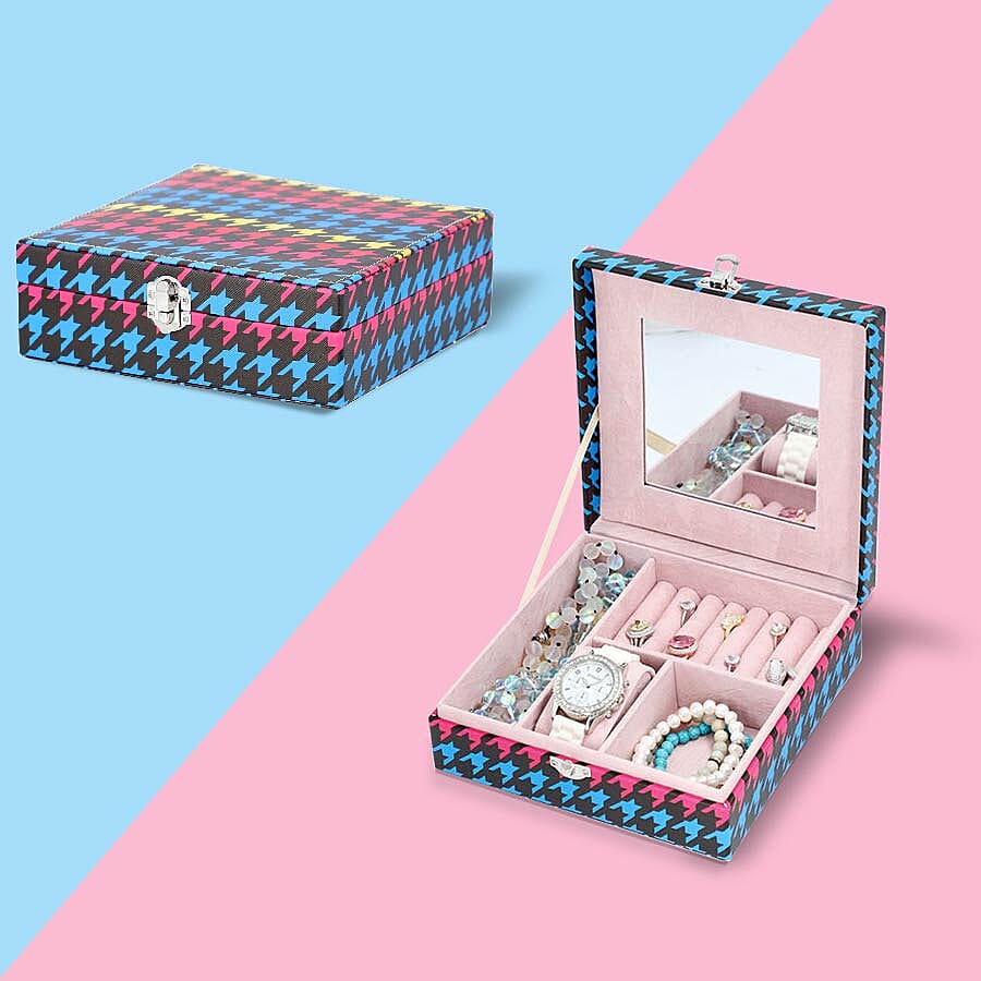 Multi Colour Houndstooth Pattern Jewellery Box with Mirror and Multiple Compartments (19x19x6.3cm)