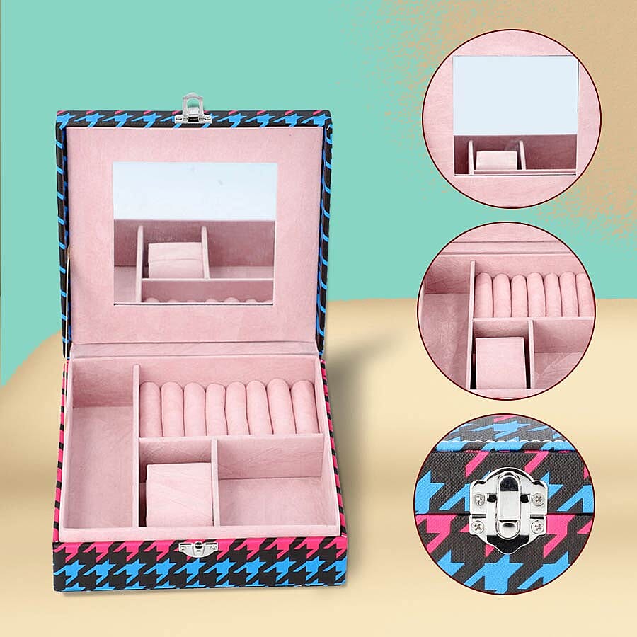 Multi Colour Houndstooth Pattern Jewellery Box with Mirror and Multiple Compartments (19x19x6.3cm)
