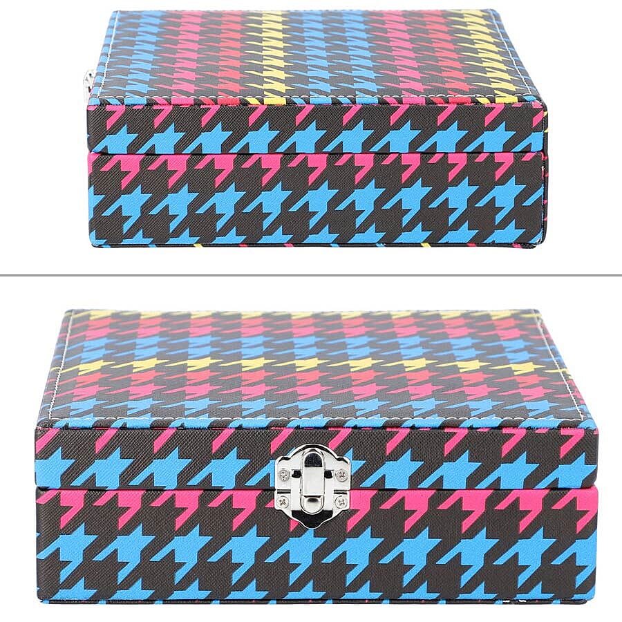 Multi Colour Houndstooth Pattern Jewellery Box with Mirror and Multiple Compartments (19x19x6.3cm)