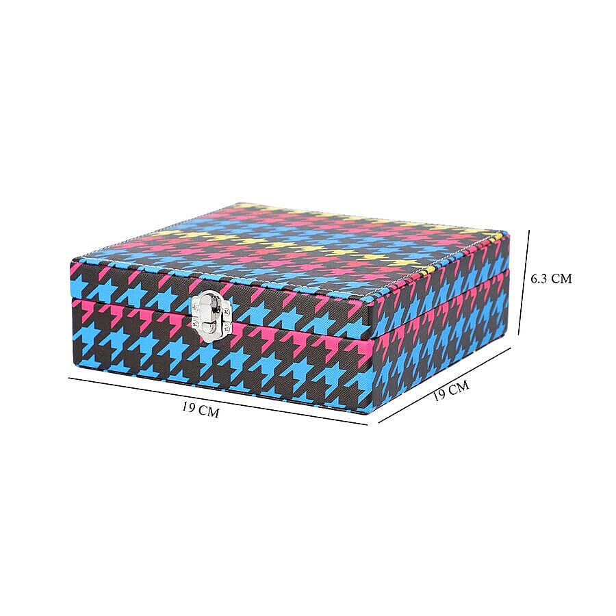 Multi Colour Houndstooth Pattern Jewellery Box with Mirror and Multiple Compartments (19x19x6.3cm)
