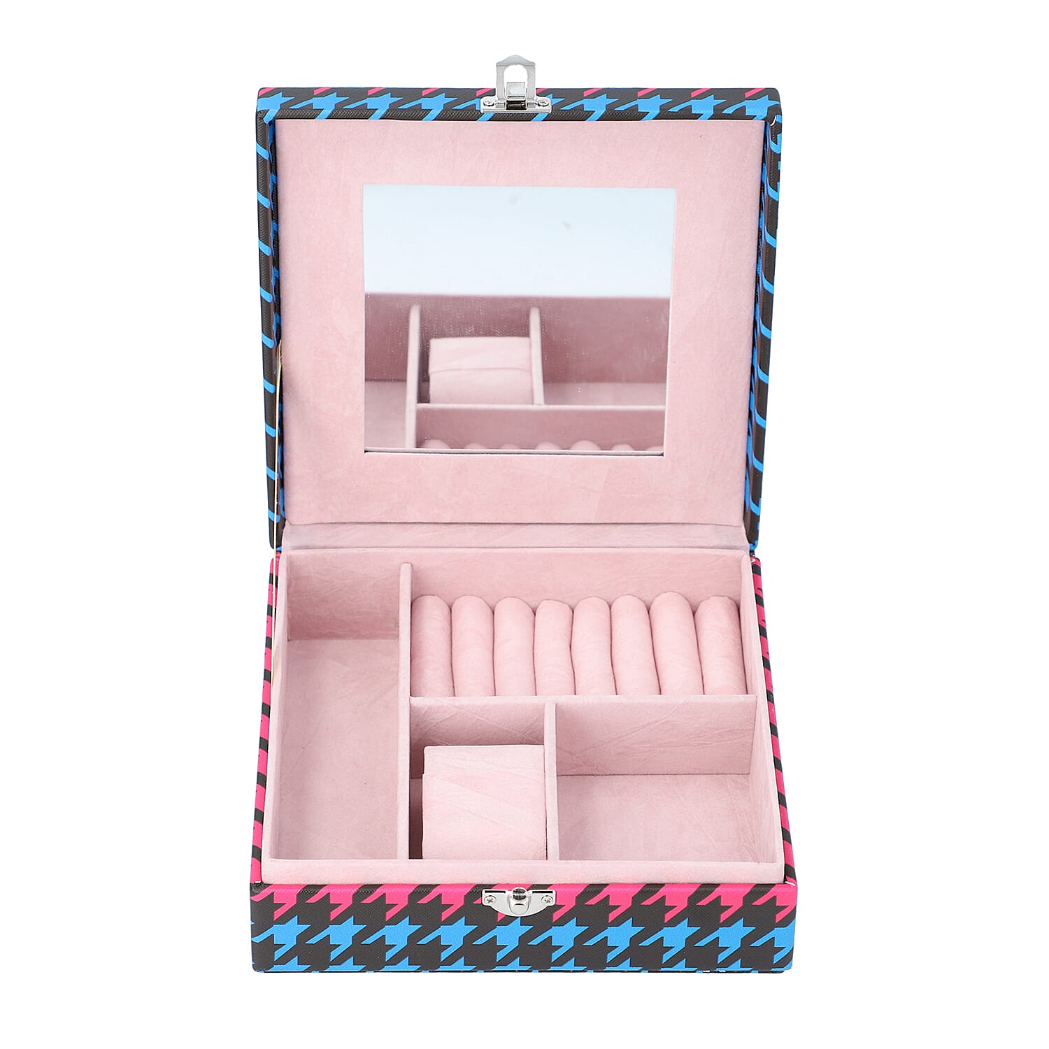 Multi Colour Houndstooth Pattern Jewellery Box with Mirror and Multiple Compartments (19x19x6.3cm)