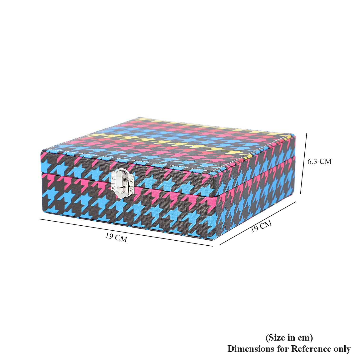 Multi Colour Houndstooth Pattern Jewellery Box with Mirror and Multiple Compartments (19x19x6.3cm)