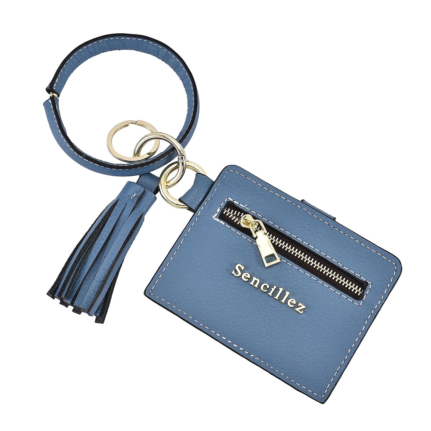 SENCILLEZ 100% Genuine Leather Bangle Key Chain with RFID Card Holder & Tassel  (Size 11x9 Cm) - Blue