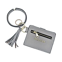 SENCILLEZ 100% Genuine Leather Bangle Key Chain with RFID Card Holder & Tassel in Grey (Size 11.5x9cm)