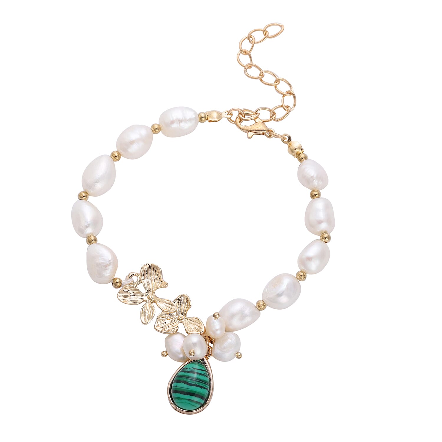 Malachite and White Freshwater Pearl Bracelet (Size 7.5 with 2 inch Extender) in Gold Tone